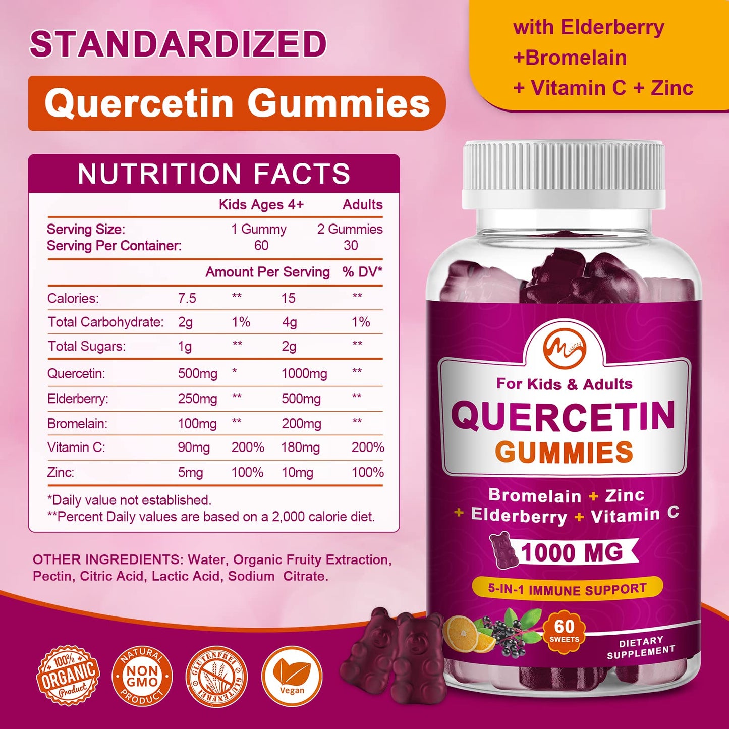 Quercetin Gummies with Bromelain, Elderberry, Zinc and Vitamin C - Chewable Quercetin 1000mg Supplement for Immunity, Cardiovascular, Allergy, Aging Support - Vegan Gummies for Adult & Kid