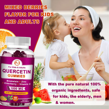 Quercetin Gummies with Bromelain, Elderberry, Zinc and Vitamin C - Chewable Quercetin 1000mg Supplement for Immunity, Cardiovascular, Allergy, Aging Support - Vegan Gummies for Adult & Kid