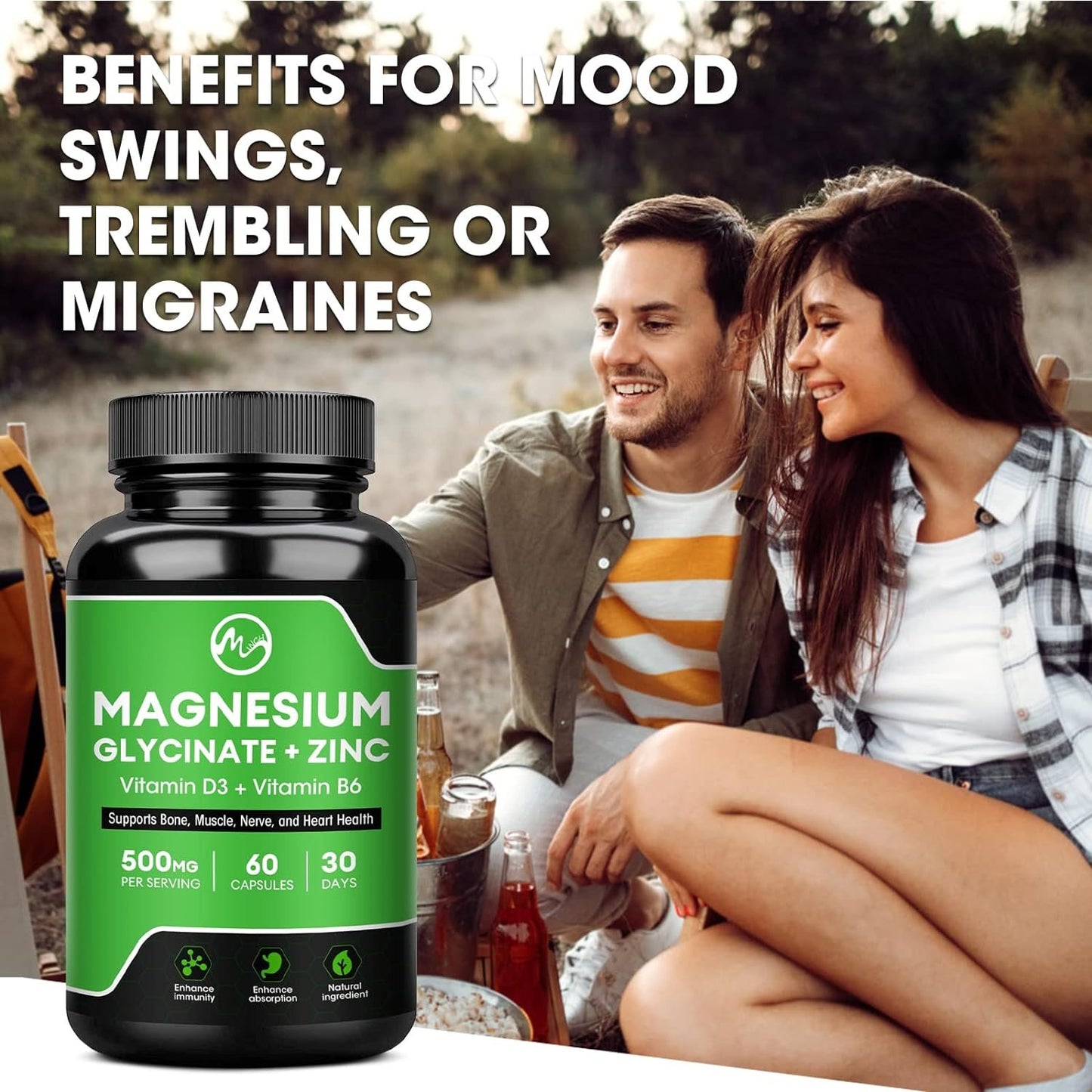 Magnesium Glycinate Capsules, Magnesium Supplement with Magnesium Glycinate 500mg Zinc Vitamin D3 & B6 - Promotes Nerve, Bowel, Relaxation Function - 60 Vegan Capsules for Women & Men