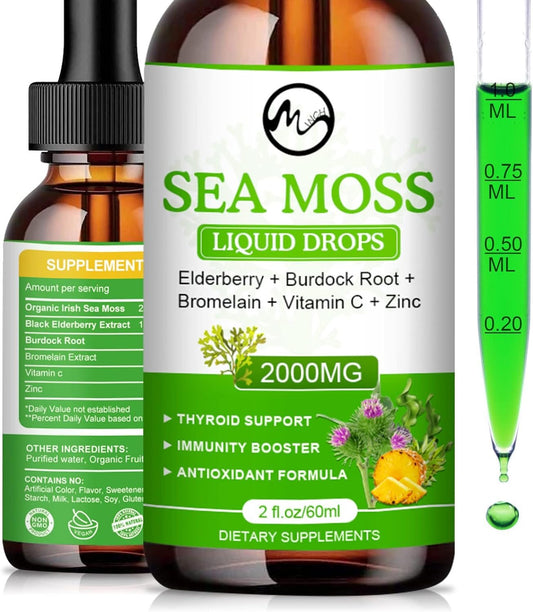 Sea Moss Liquid Drops - Irish Sea Moss 2000mg with Elderberry, Burdock Root, Bromelain, Vitamin C and Zinc - 98 Essential Minerals Seamoss Supplement for Immune, Joint, Digestion, Aging Support - 2oz