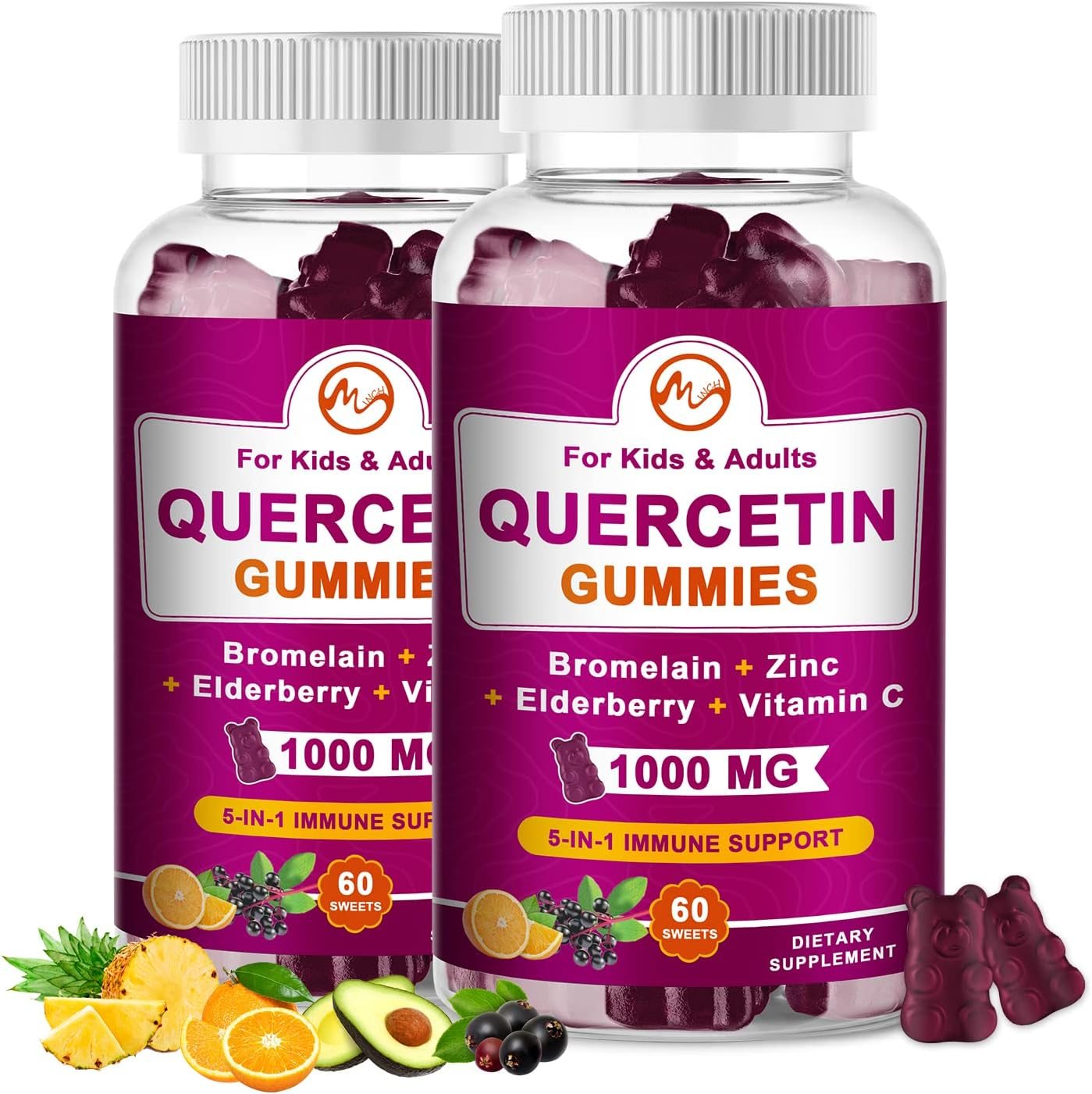 Quercetin Gummies with Bromelain, Elderberry, Zinc and Vitamin C - Chewable Quercetin 1000mg Supplement for Immunity, Cardiovascular, Allergy, Aging Support - Vegan Gummies for Adult & Kid