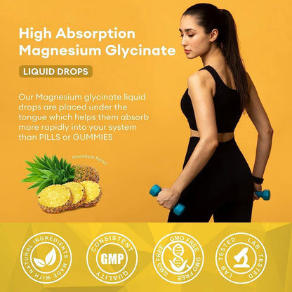 2 Packs-Pineapple Flavor-Magnesium Glycinate Supplement,Magnesium Liquid Drops with Magnesium Glycinate 500mg Fiber 500mg Bromelain Vitamin B,C,D - Promotes Nerve, Bowel, Relaxation Function