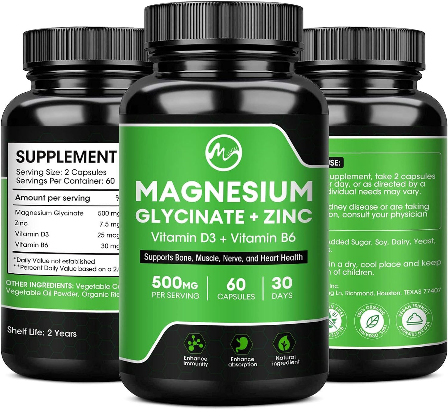 Magnesium Glycinate Capsules, Magnesium Supplement with Magnesium Glycinate 500mg Zinc Vitamin D3 & B6 - Promotes Nerve, Bowel, Relaxation Function - 60 Vegan Capsules for Women & Men