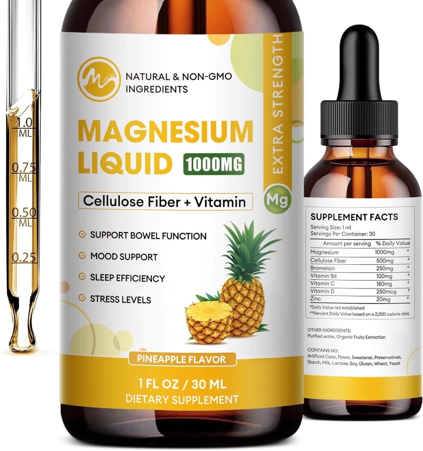 2 Packs-Pineapple Flavor-Magnesium Glycinate Supplement,Magnesium Liquid Drops with Magnesium Glycinate 500mg Fiber 500mg Bromelain Vitamin B,C,D - Promotes Nerve, Bowel, Relaxation Function