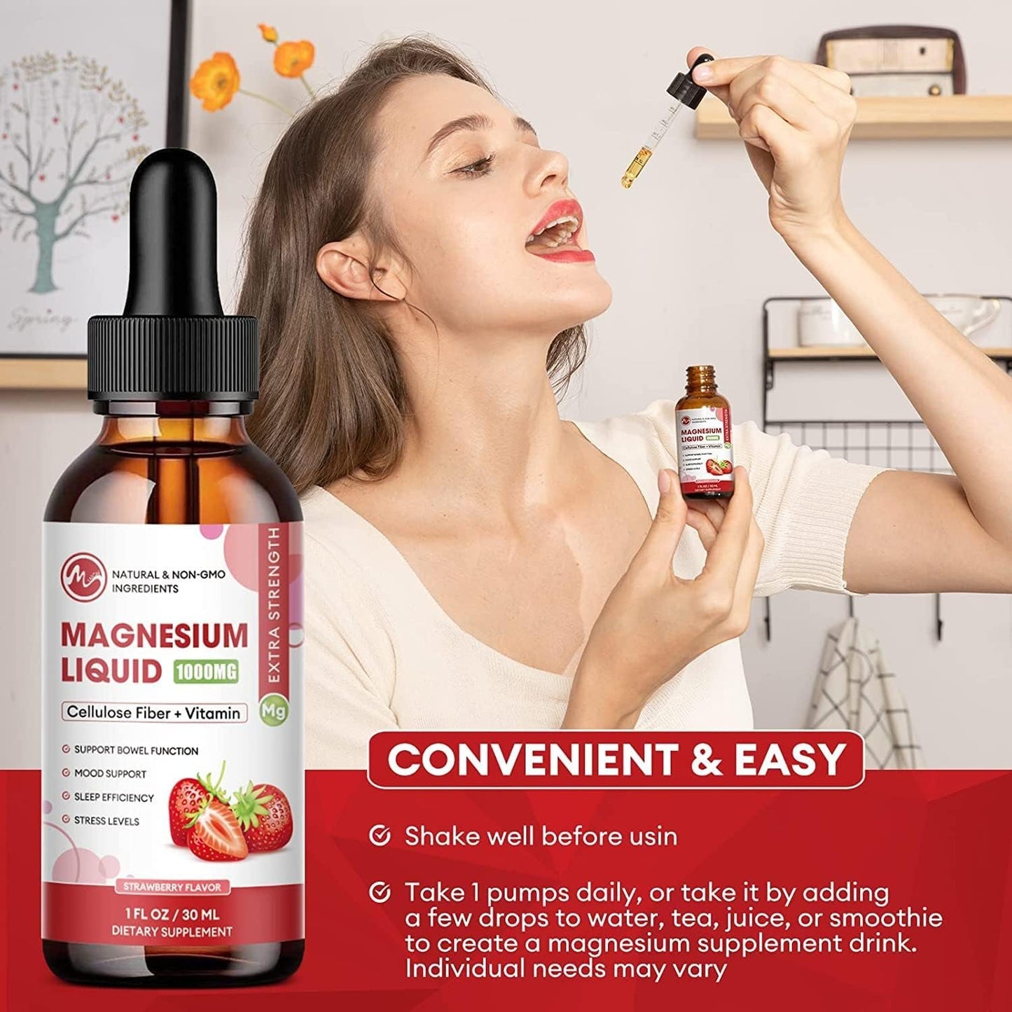 2 Packs-Strawberry Flavor-Magnesium Glycinate Supplement, Liquid Drops with Magnesium Glycinate 1000mg, Fiber 500mg, Bromelain, Vitamin B,C,D - Promotes Nerve, Bowel, Relaxation Function