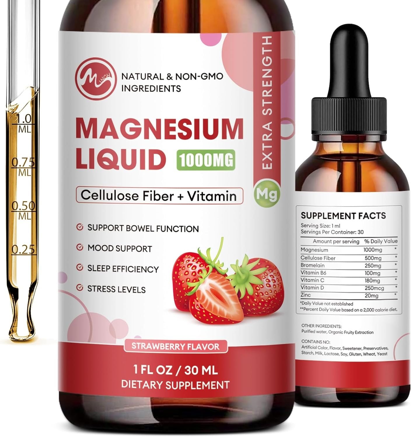 2 Packs-Strawberry Flavor-Magnesium Glycinate Supplement, Liquid Drops with Magnesium Glycinate 1000mg, Fiber 500mg, Bromelain, Vitamin B,C,D - Promotes Nerve, Bowel, Relaxation Function