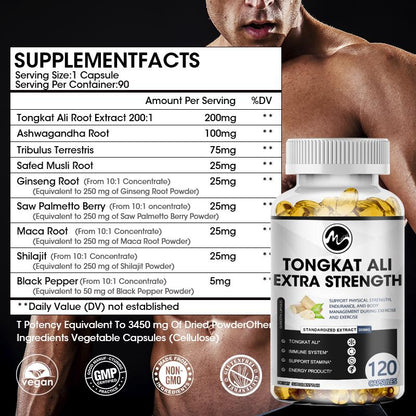 Tongkat Ali 200mg Capsule with Ashwagandha Root 100mg Support Energy, Drive and Reproductive Health for Men and Women