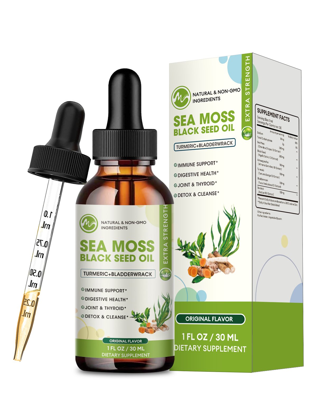 Sea Moss Liquid Drop - Black Seed Oil Sea Moss Gel Drop with Ashwagandha, Burdock Root, Bladderwrack, 2 Fl Oz, Original Flavor