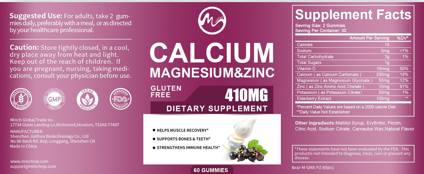 Calcium Magnesium Zinc & Vitamin D3 Gummies for Immune System, Bone, Nervous System Health Support Dietary Supplement