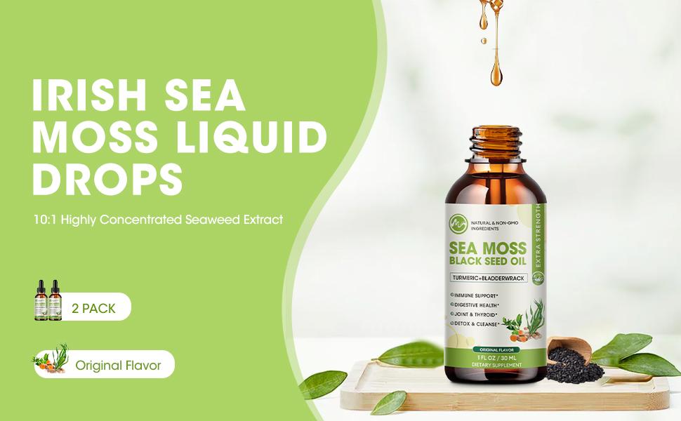 Sea Moss Liquid Drop - Black Seed Oil Sea Moss Gel Drop with Ashwagandha, Burdock Root, Bladderwrack, 2 Fl Oz, Original Flavor