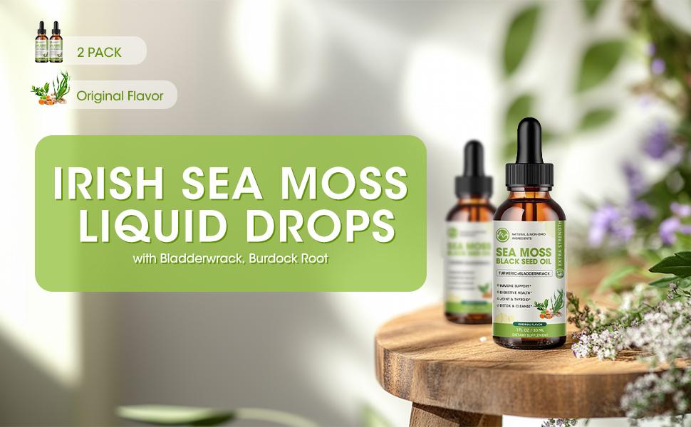 Sea Moss Liquid Drop - Black Seed Oil Sea Moss Gel Drop with Ashwagandha, Burdock Root, Bladderwrack, 2 Fl Oz, Original Flavor