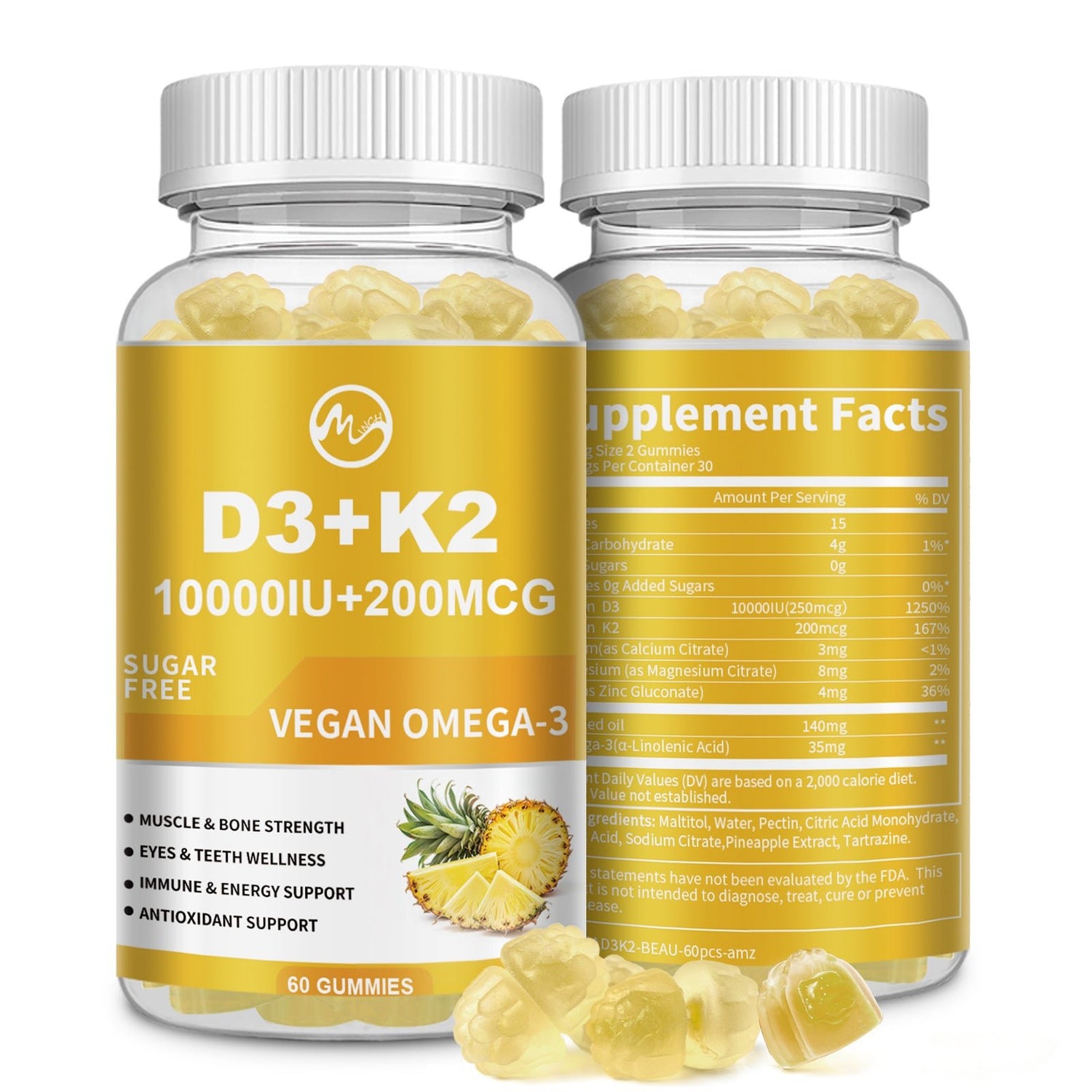 Minch Vitamin D3 K2 Filled Gummies Supplement with Omega-3, Calcium, Magnesium, Zinc, (2 Packs) - M inch
