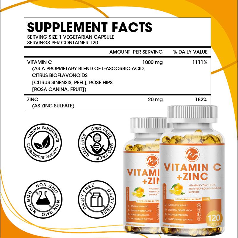 Vitamin C 1000mg Capsule With Zinc 20mg Immune Support, Energy Supplement Promote Hair, Skin, Nails & Joint Health Antioxidant