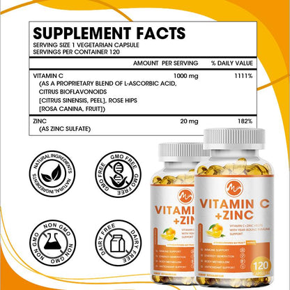 Vitamin C 1000mg Capsule With Zinc 20mg Immune Support, Energy Supplement Promote Hair, Skin, Nails & Joint Health Antioxidant