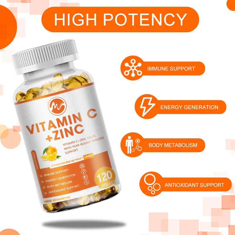 Vitamin C 1000mg Capsule With Zinc 20mg Immune Support, Energy Supplement Promote Hair, Skin, Nails & Joint Health Antioxidant