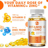 Vitamin C 1000mg Capsule With Zinc 20mg Immune Support, Energy Supplement Promote Hair, Skin, Nails & Joint Health Antioxidant