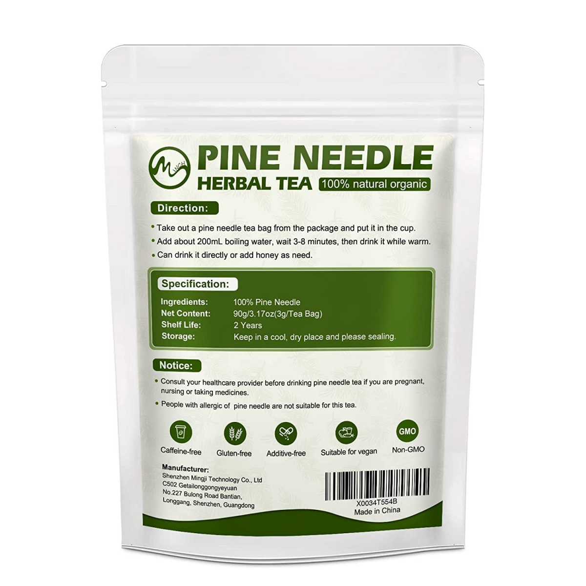 Organic Pine Needle Tea - Natural Dried Pine Needle Tea for Boost Immunity, Premium Chinese Pine Needles Tea Bags, Caffeine Free - 30 Teabags