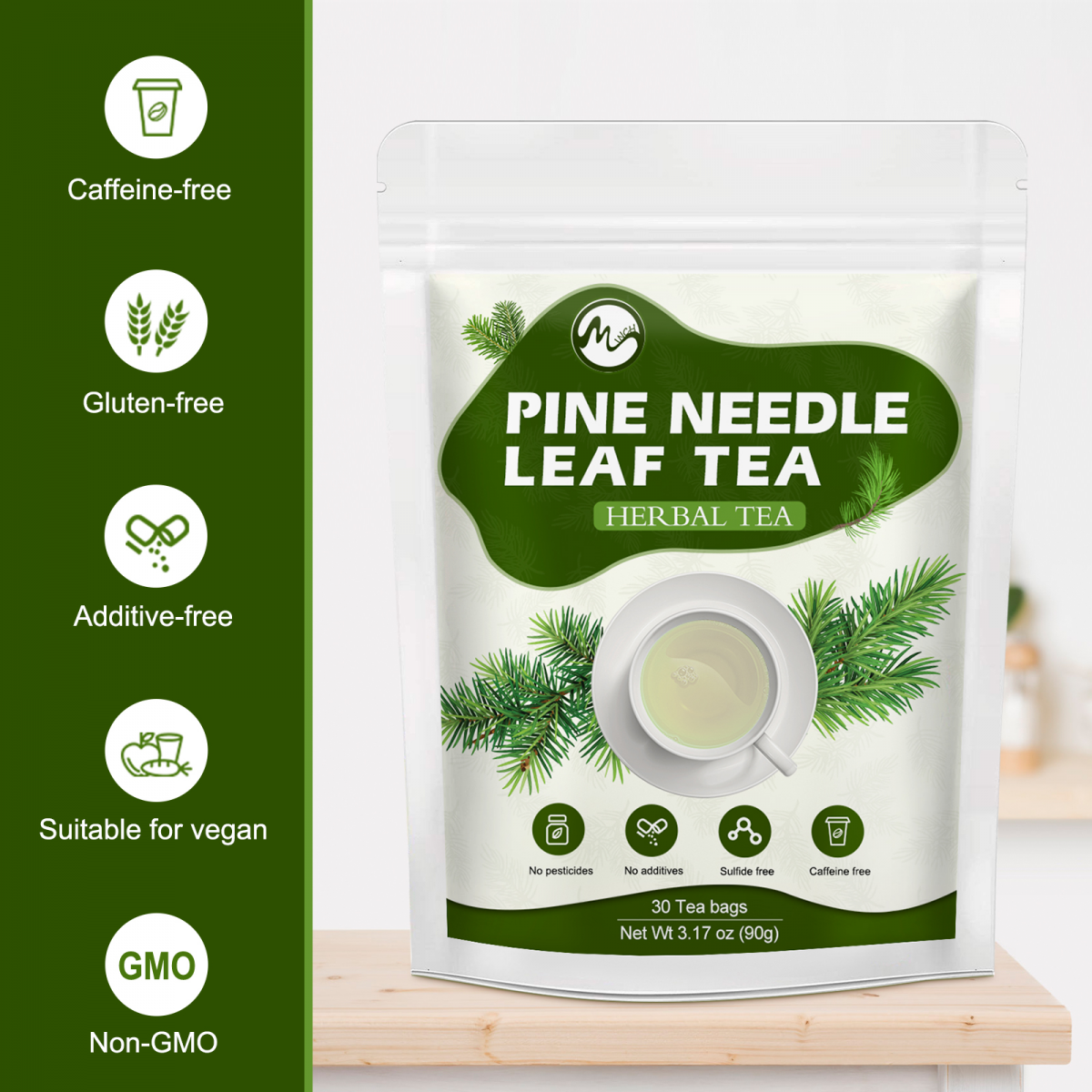 Organic Pine Needle Tea - Natural Dried Pine Needle Tea for Boost Immunity, Premium Chinese Pine Needles Tea Bags, Caffeine Free - 30 Teabags