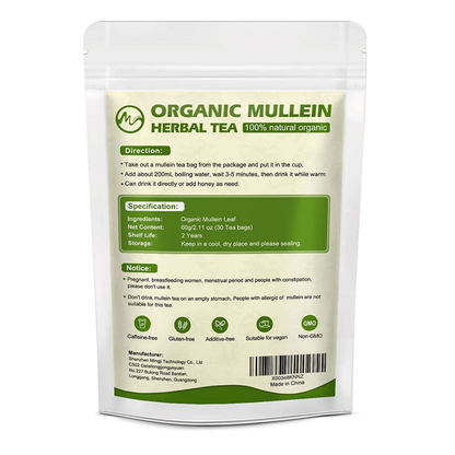 Mullein Leaf Tea - Organic Mullein Herbal Tea for Lungs Cleanse and Immune Support, Mullein Leaf Tea Bags, Caffeine Free - 30 Teabags